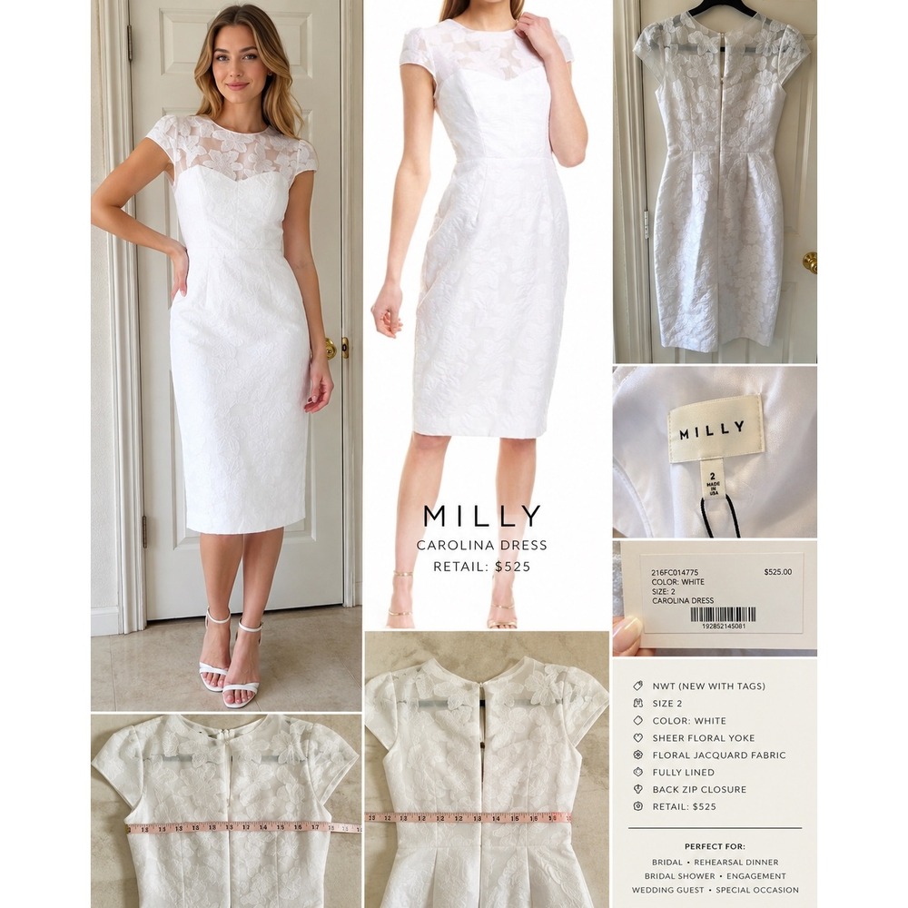 NWT MILLY Carolina White Floral Jacquard‎ Cocktail Dress Size 2 Bridal